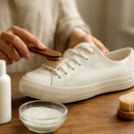 Tangan membersihkan sepatu kanvas putih dengan sikat lembut dan sabun cair
