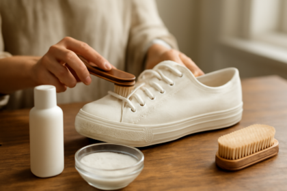 Tangan membersihkan sepatu kanvas putih dengan sikat lembut dan sabun cair