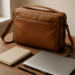 Tas kerja berisi laptop dan notebook tertata di atas meja kayu