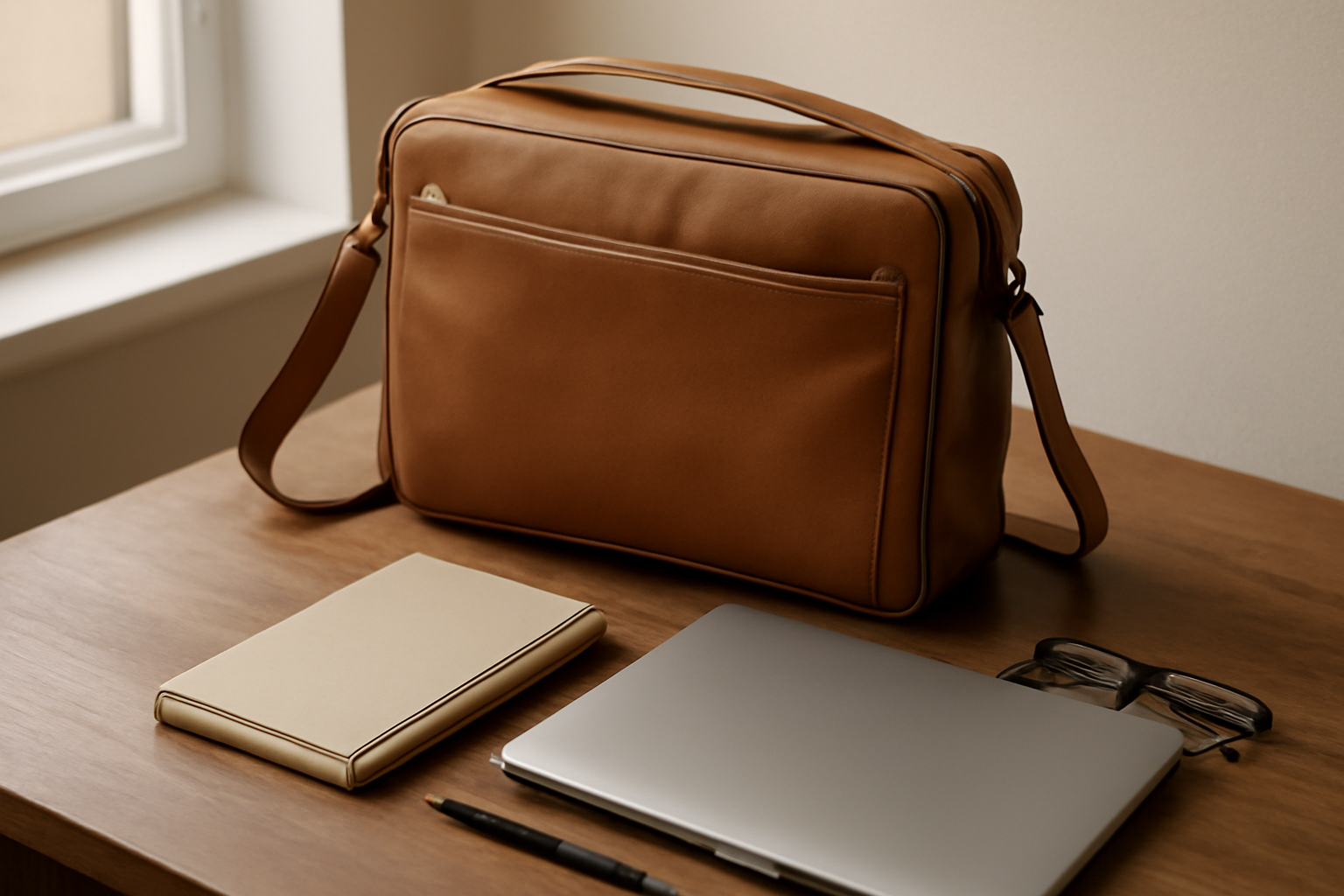 Tas kerja berisi laptop dan notebook tertata di atas meja kayu