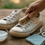 Sepatu kanvas putih sedang disikat dengan air sabun di atas meja kayu
