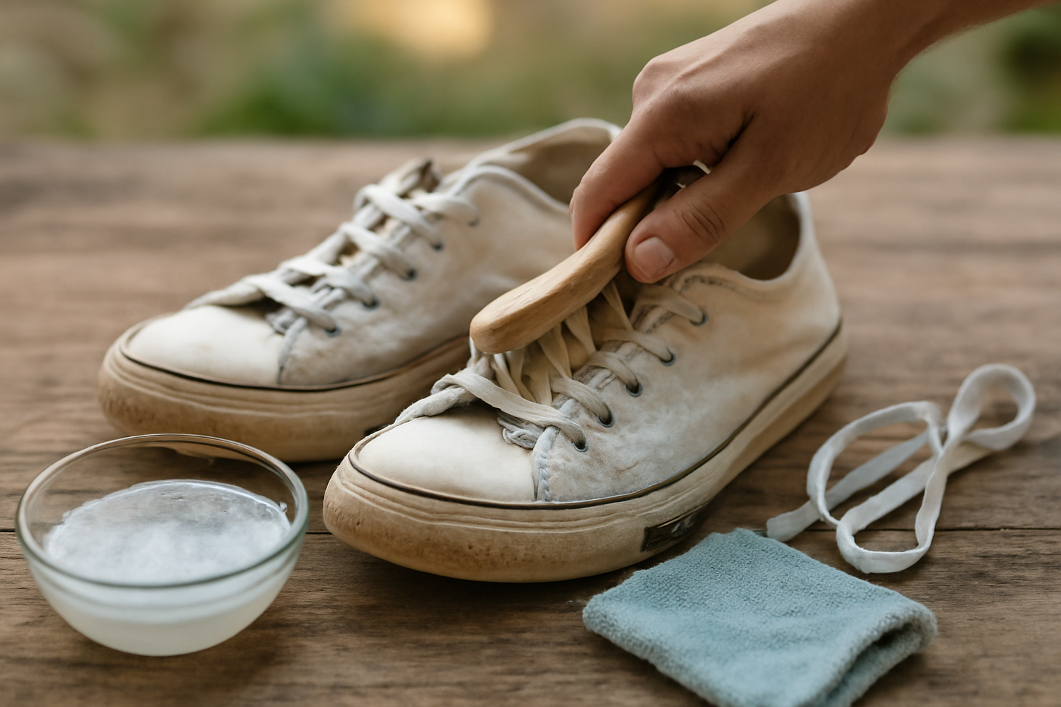 Sepatu kanvas putih sedang disikat dengan air sabun di atas meja kayu