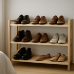 Rak sepatu terbuka berisi sepatu kulit dan sneakers kanvas yang tertata rapi di kamar