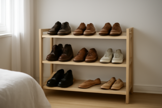 Rak sepatu terbuka berisi sepatu kulit dan sneakers kanvas yang tertata rapi di kamar