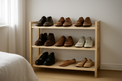 Rak sepatu terbuka berisi sepatu kulit dan sneakers kanvas yang tertata rapi di kamar