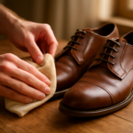 Sepatu kulit cokelat sedang dibersihkan dengan kain lembut di atas meja kayu.