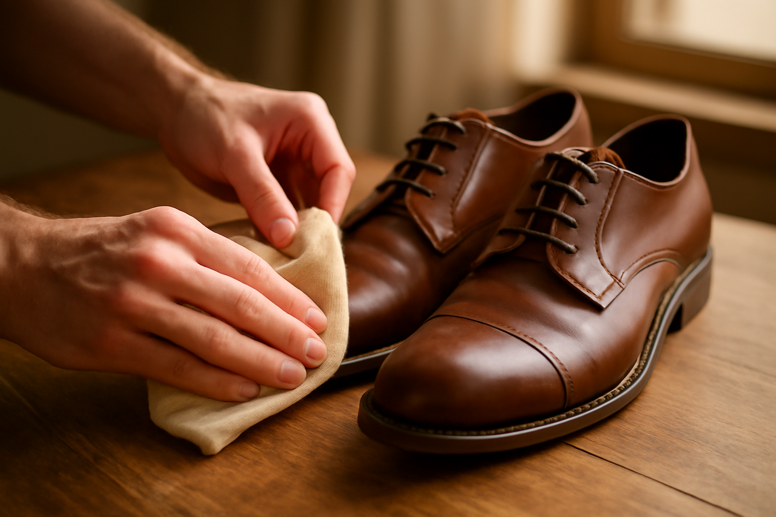 Sepatu kulit cokelat sedang dibersihkan dengan kain lembut di atas meja kayu.