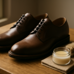 Sepatu kulit cokelat dan perlengkapan perawatan berupa krim conditioner serta sikat di atas meja kayu