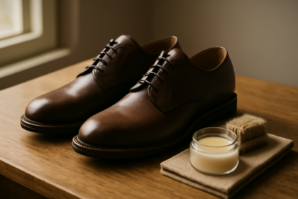 Sepatu kulit cokelat dan perlengkapan perawatan berupa krim conditioner serta sikat di atas meja kayu