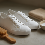 Sepatu kanvas putih bersih dengan sikat dan kain untuk perawatan