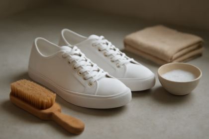Sepatu kanvas putih bersih dengan sikat dan kain untuk perawatan
