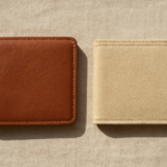 Dompet kulit cokelat dan dompet kanvas yang diletakkan berdampingan di atas kain linen