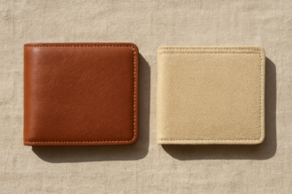Dompet kulit cokelat dan dompet kanvas yang diletakkan berdampingan di atas kain linen