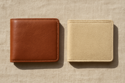 Dompet kulit cokelat dan dompet kanvas yang diletakkan berdampingan di atas kain linen