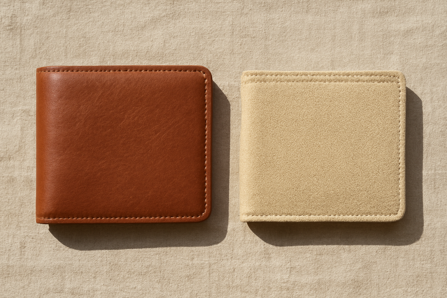 Dompet kulit cokelat dan dompet kanvas yang diletakkan berdampingan di atas kain linen