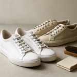 Sepatu sneakers kulit putih dan sneakers kanvas krem berdampingan di lantai beton terang