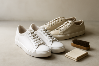 Sepatu sneakers kulit putih dan sneakers kanvas krem berdampingan di lantai beton terang
