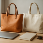 Tote bag kulit dan kanvas berjajar di atas meja kerja dengan laptop dan buku catatan
