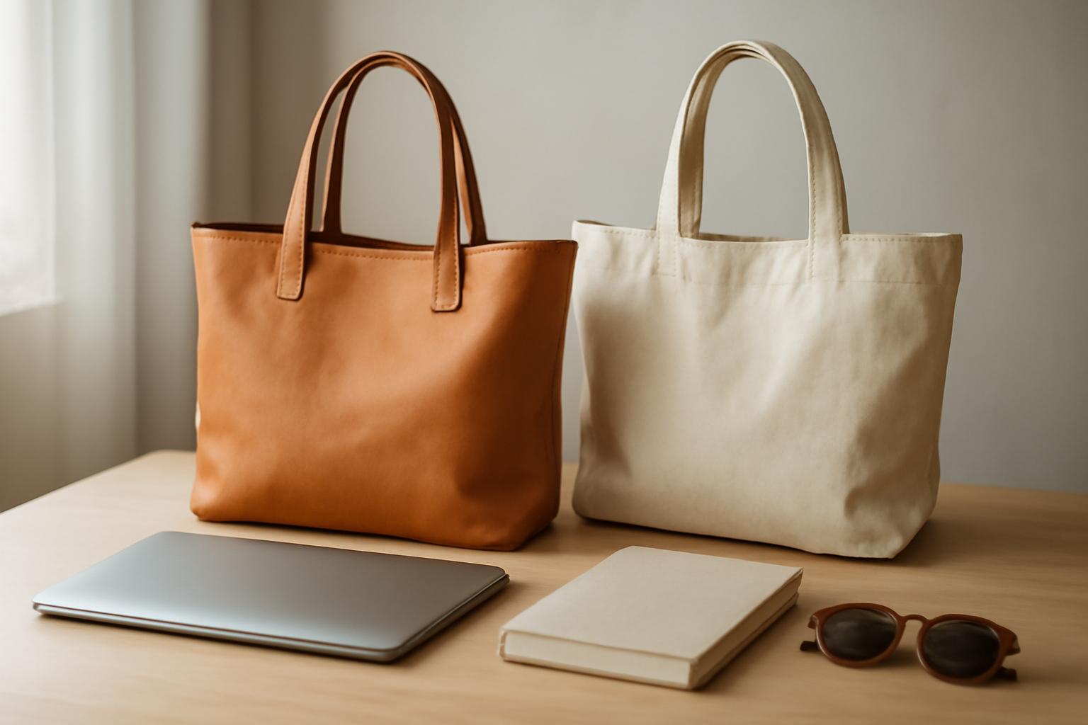 Tote bag kulit dan kanvas berjajar di atas meja kerja dengan laptop dan buku catatan