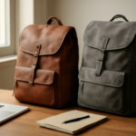 Tas ransel kulit cokelat dan tas kanvas abu-abu di atas meja kayu untuk perbandingan
