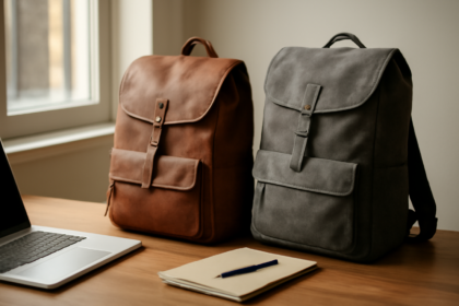 Tas ransel kulit cokelat dan tas kanvas abu-abu di atas meja kayu untuk perbandingan